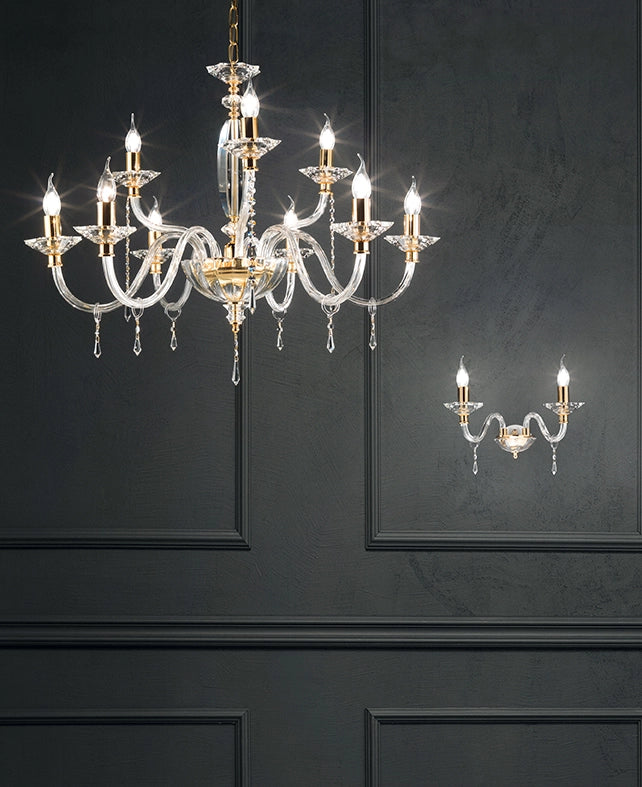 LAMPADARIO FIAMMA/9 CRISTALLO E ORO 9 LUCI ATTACCO E14 D.90CM