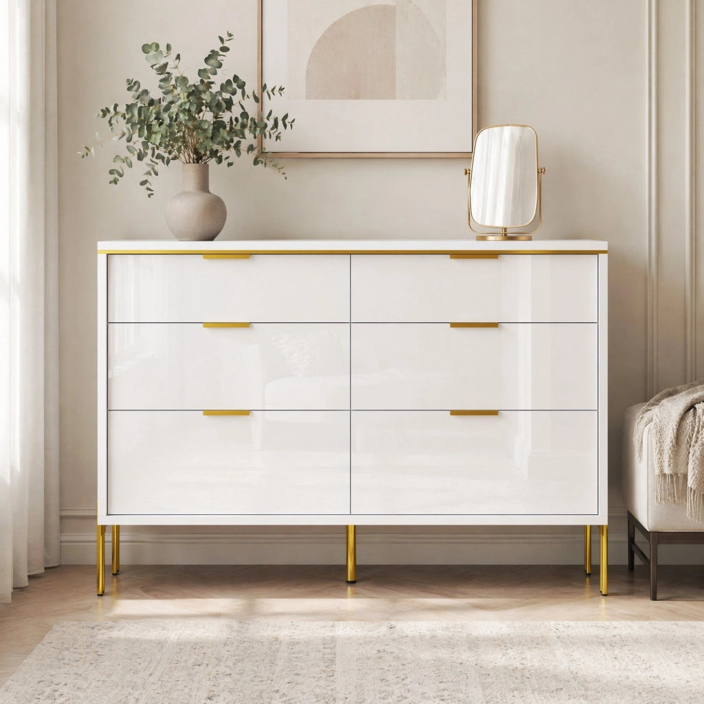 Sideboard moderno a 6 cassetti 120 cm bianco con frontali lucidi e dettagli oro