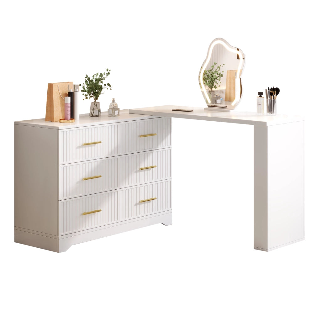 Toeletta girevole con specchio LED, 6 cassetti, bianco e oro, 110×40×129 cm