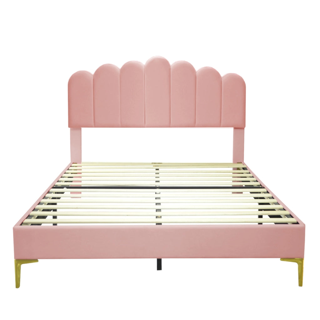 Letto imbottito matrimoniale 140x200 cm con testiera regolabile in velluto rosa e rete a doghe