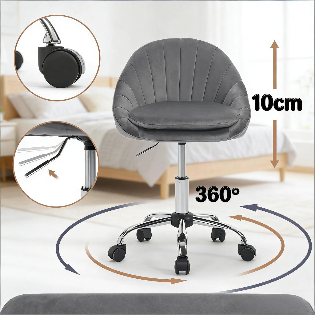 Sedia da ufficio girevole con Altezza Regolabile, Design Ergonomico e Ruote, in Velluto, Grigio Scuro