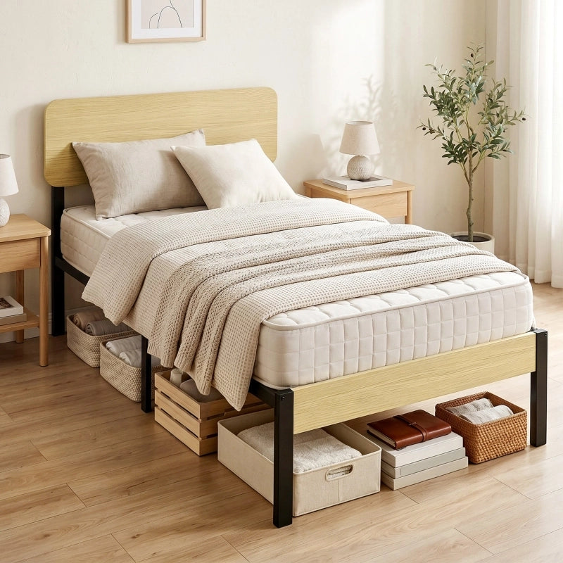 LETTO 90x200 cm con testiera in metallo e legno naturale, stile moderno