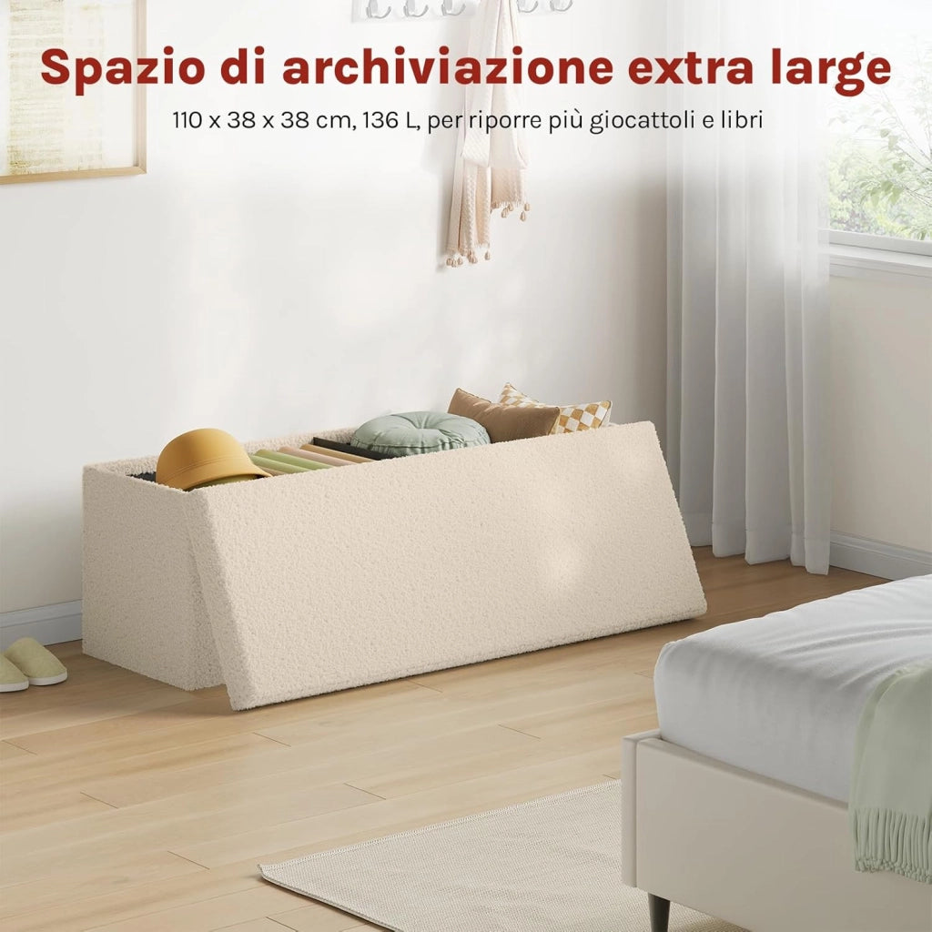 Cassapanca Contenitore da Interno, Pouf Poggiapiedi Pieghevole, con Pannello Divisorio, Rivestimento in Tessuto Teddy, per Camera da Letto, Ingresso, Soggiorno, 110x38x38,5 cm, Beige