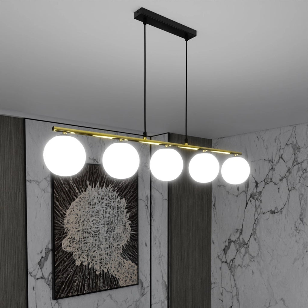 Lampada a sospensione Allora in acciaio nero e oro con sfere in vetro