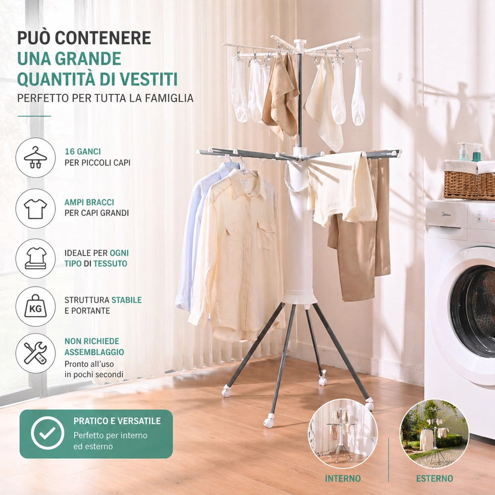 Stendibiancheria Verticale 112x58x170 cm Salvaspazio e Pieghevole Treppiede 16 Ganci in Alluminio e ABS Bianco