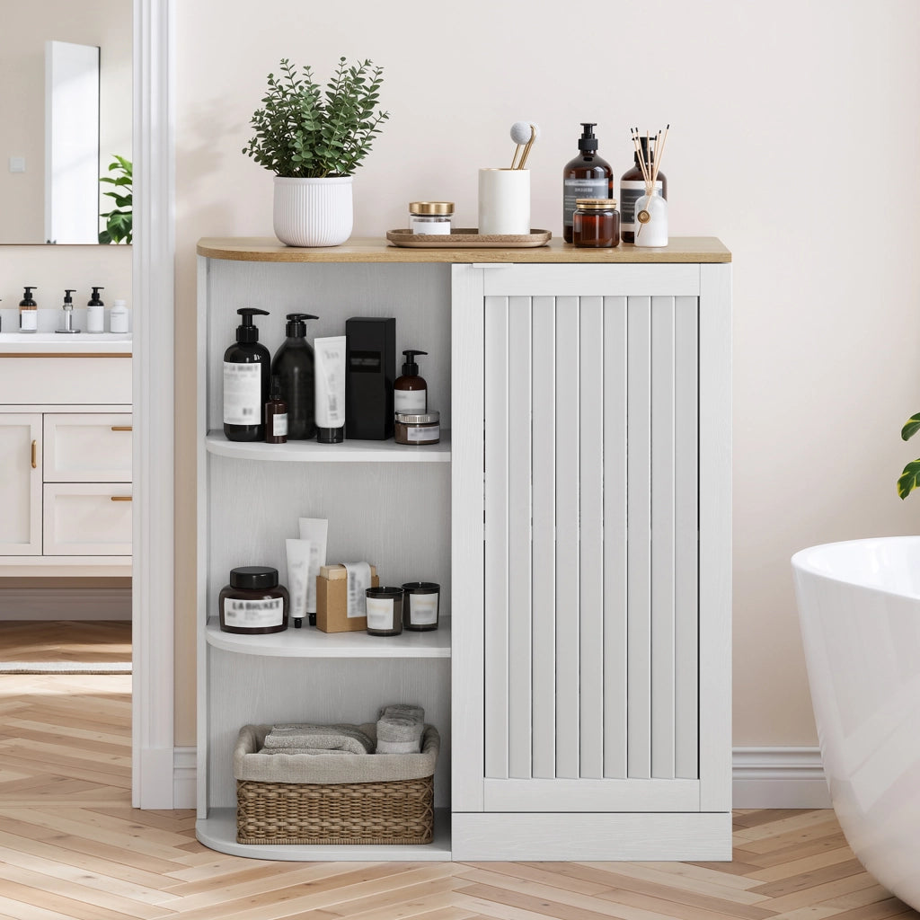 Mobile angolare salvaspazio con ripiani aperti e vani chiusi, bianco effetto rovere, in MDF