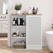 Mobile angolare salvaspazio con ripiani aperti e vani chiusi, bianco effetto rovere, in MDF