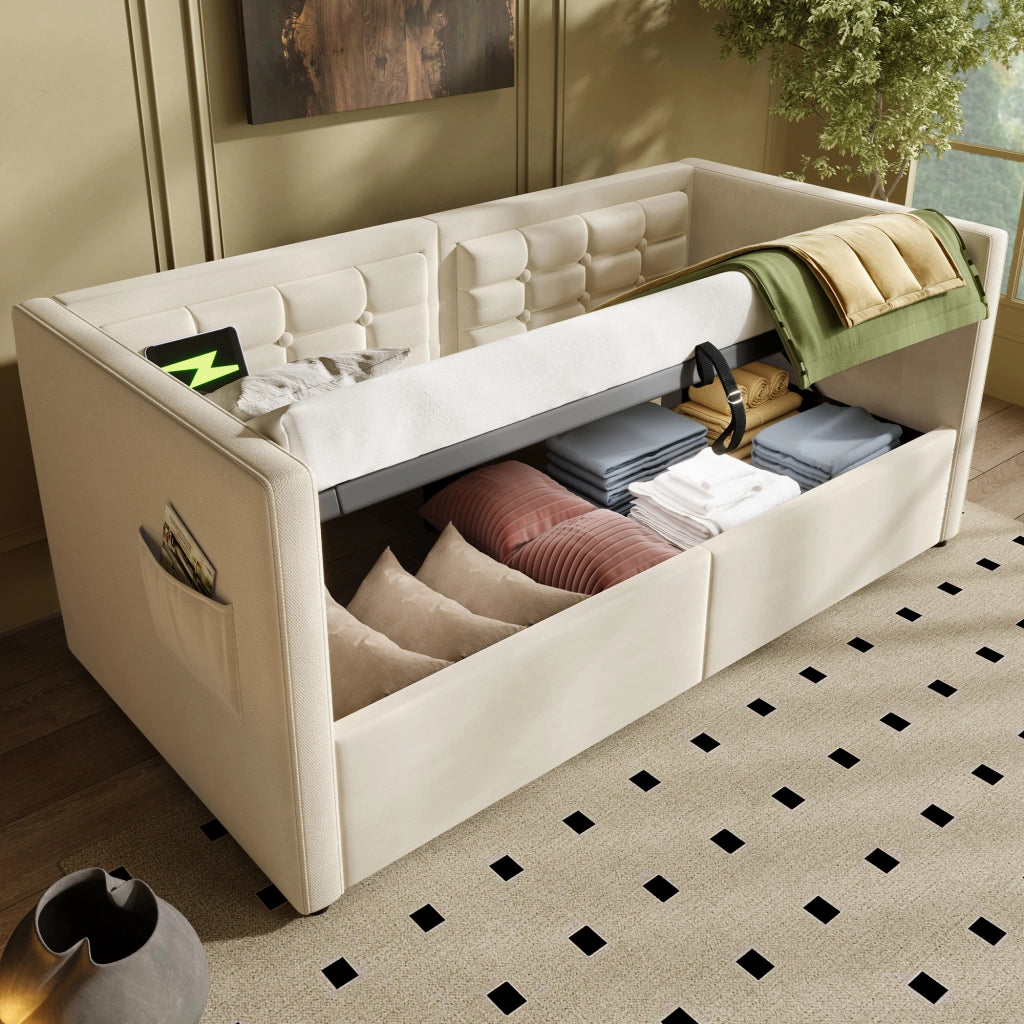 DESMIU Divano letto 90 × 200 cm 1 posto con vano contenitore idraulico, USB, Type-C, senza materasso, in velluto, beige