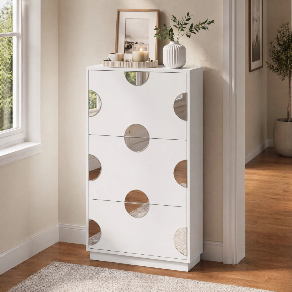 Scarpiera salvaspazio con 3 ribalte e specchio rotondo 63x24x120 cm in MDF bianco