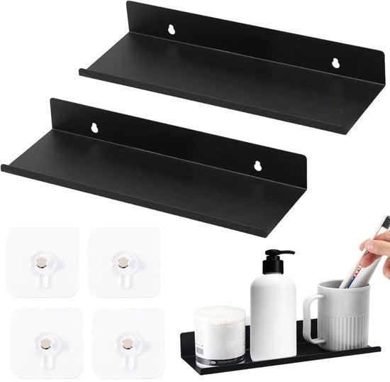 Set da parete 2 pezzi, cornice adesiva, pannello da parete nero, tavolo da parete fluttuante, senza perforazione, mensola per libri, pannello per cucina, soggiorno, ufficio, casa (20 x 8,5 x 5 cm)