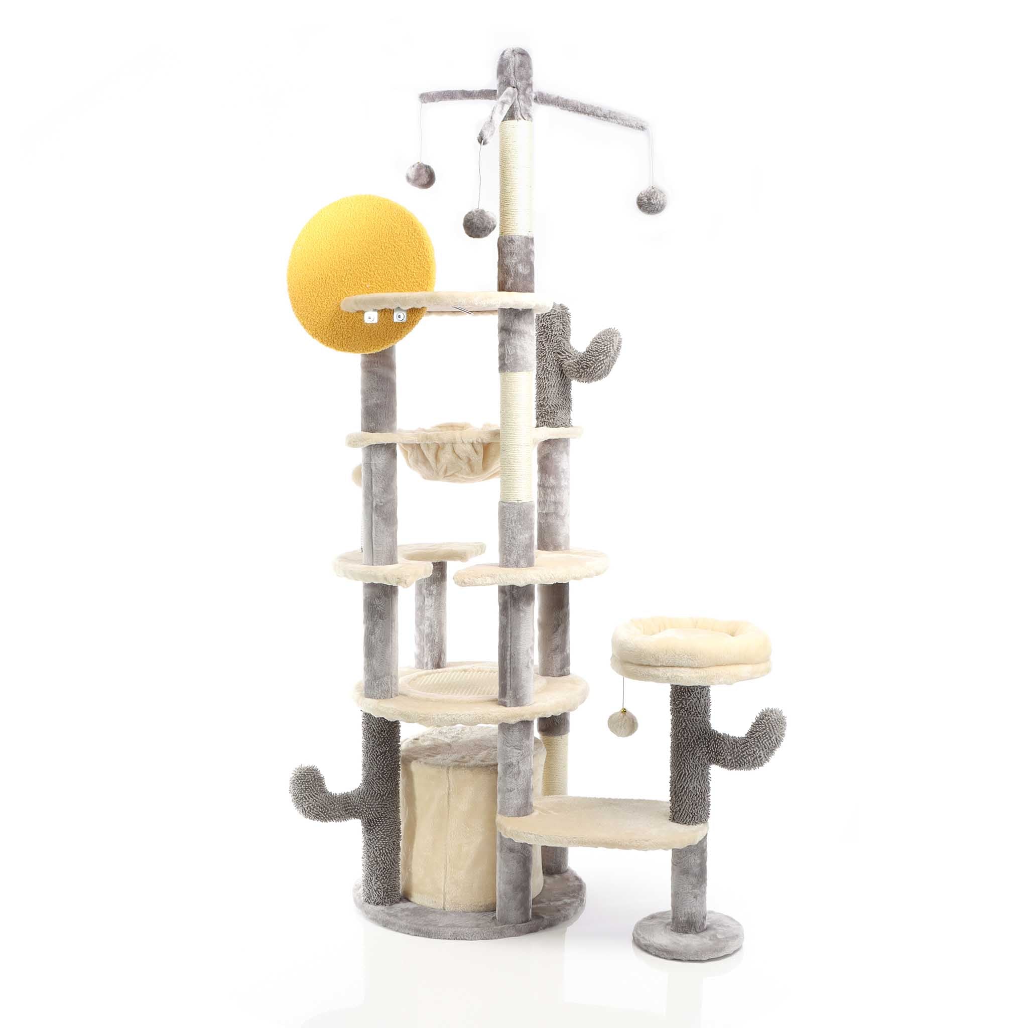 Fudajo Albero tiragraffi per gatti grigio chiaro 172 cm con casetta amaca e palline