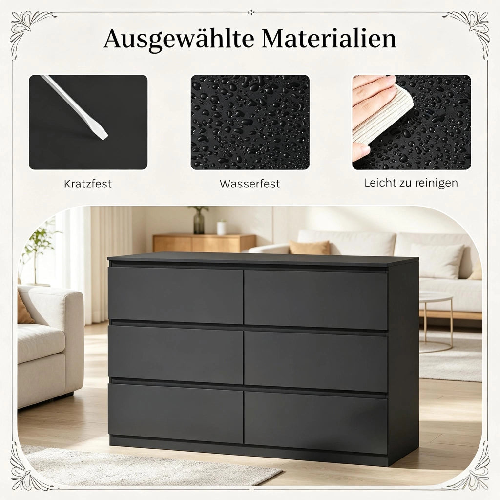 Credenza con 6 cassetti, per soggiorno e camera da letto, in legno ingegnerizzato, nero, 120 × 40 × 75 cm