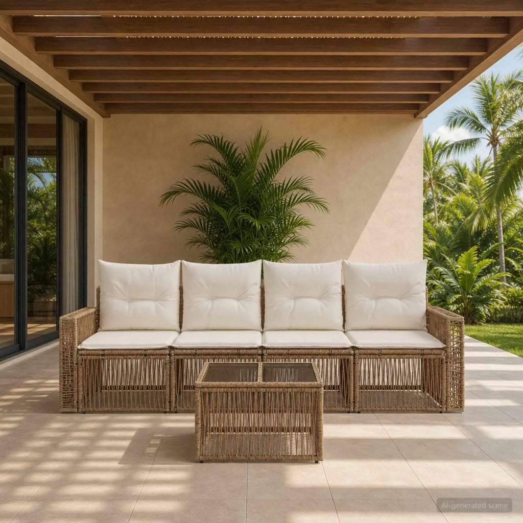 Set Divano da Giardino 5 pz Beige e Bianco Crema polyrattan 3435051
