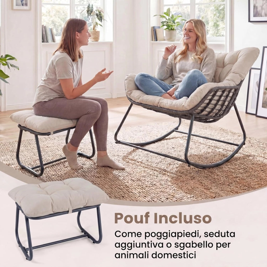 Sedia a Dondolo da Interno ed Esterno, Poltrona a Dondolo con Poggiapiedi e Cuscini Rimovibili, Poltrona Relax in Rattan con Telaio in Metallo per Soggiorno e Giardino, Portata 150 kg (Beige)