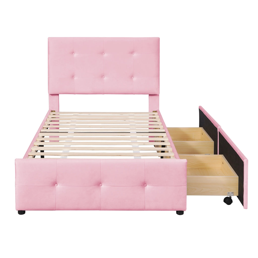 DESMIU Letto singolo 90 × 200 cm con 2 cassetti, senza materasso, in velluto, rosa