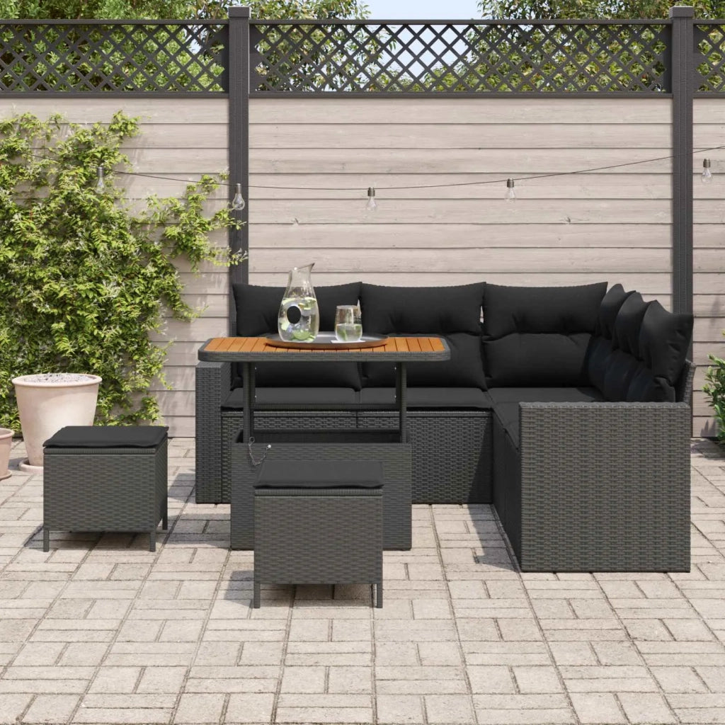 Set Divano da Giardino con cuscino 9 pcs Nero polyrattan