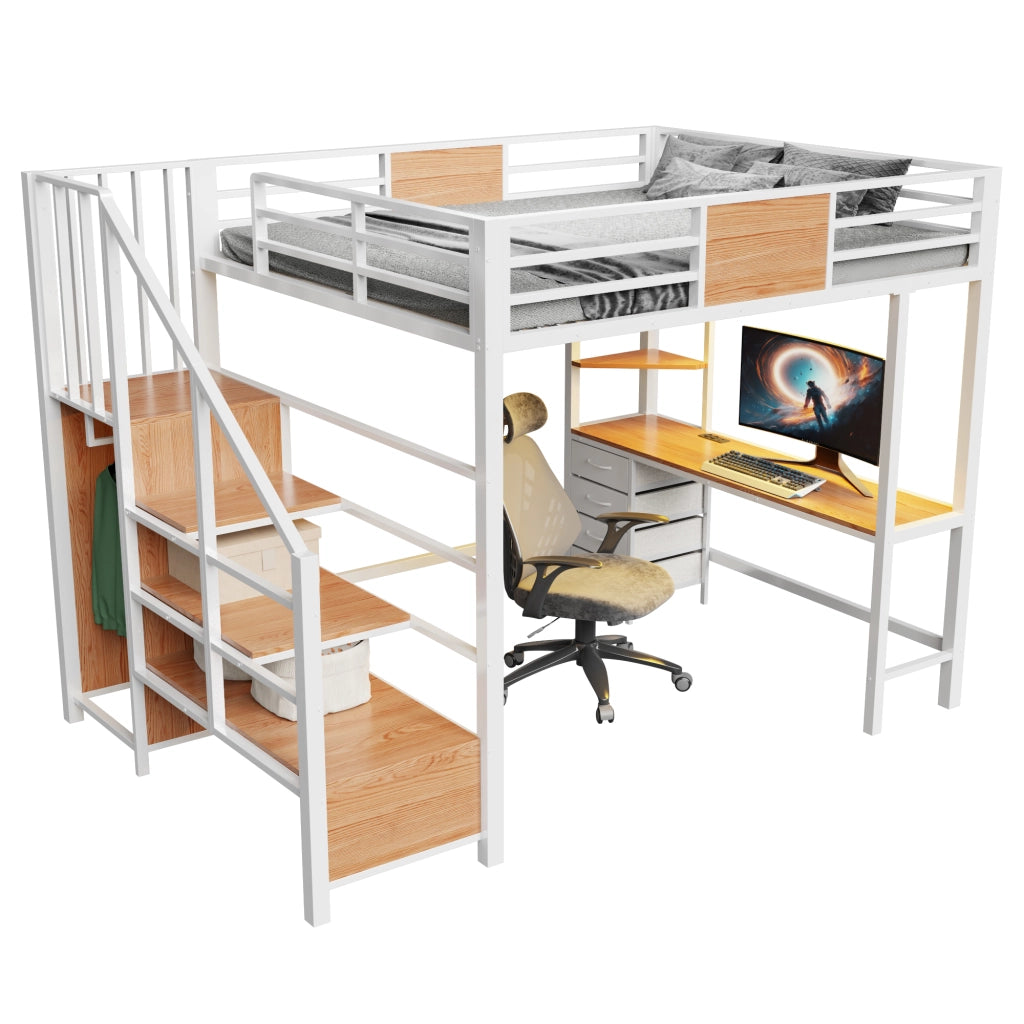 Hochbett in metallo 140x200 cm con scrivania, ripiani, barra appendiabiti, LED e presa europea