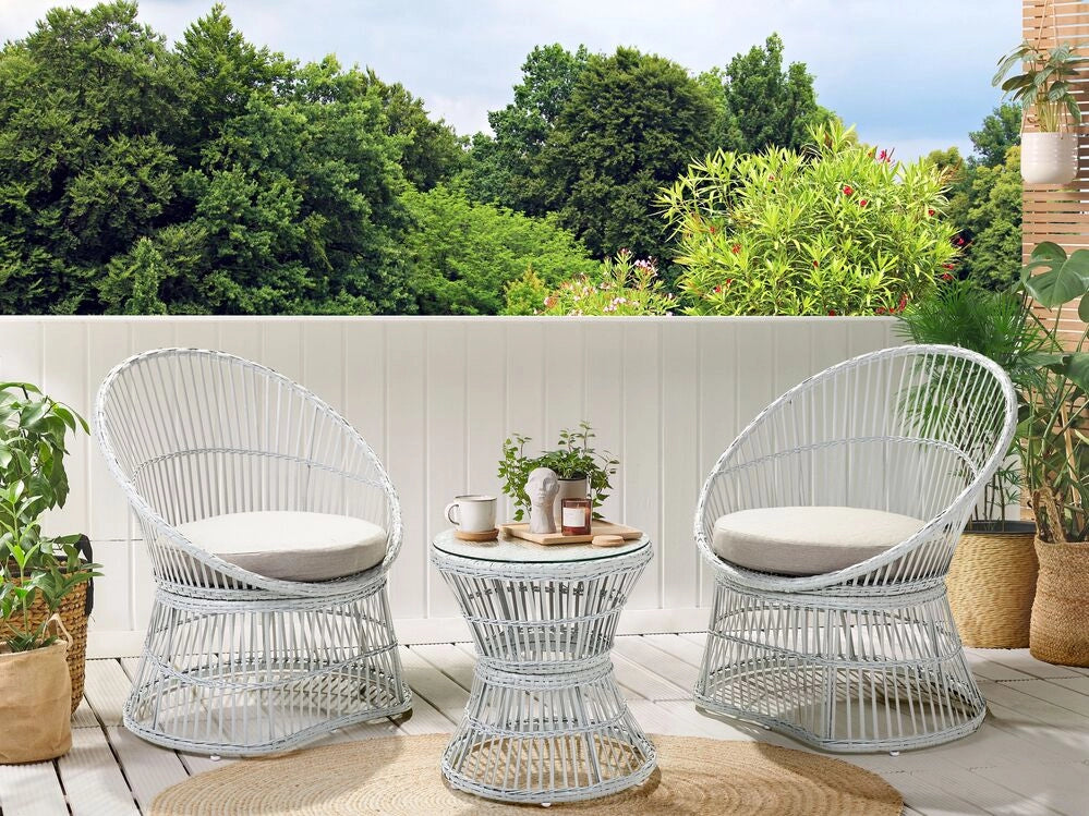 Set di bistrot tavolo e 2 sedie in rattan e vetro temperato bianco sporco balcone terrazzo giardino esterno