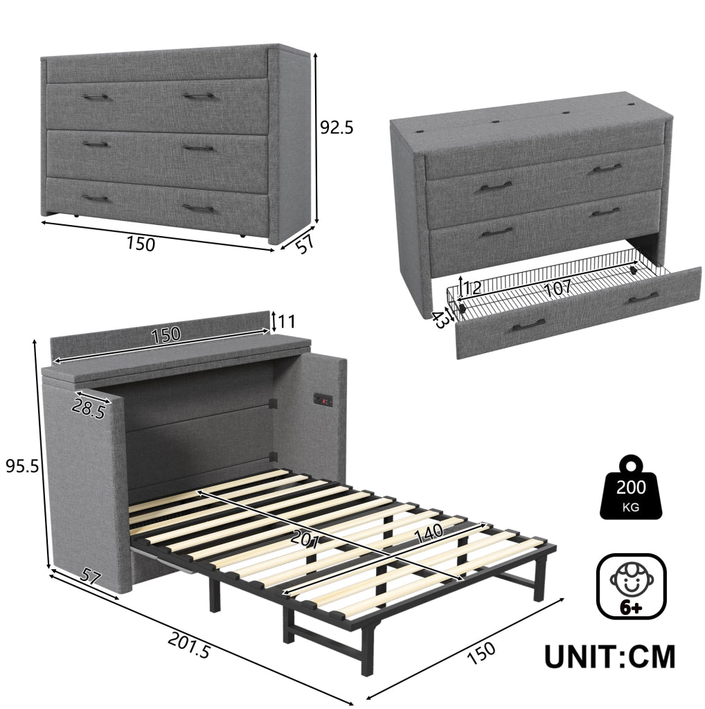 Letto a scomparsa 140x200 con porta USB e Type-C; cassetto e design salvaspazio in lino e MDF grigio