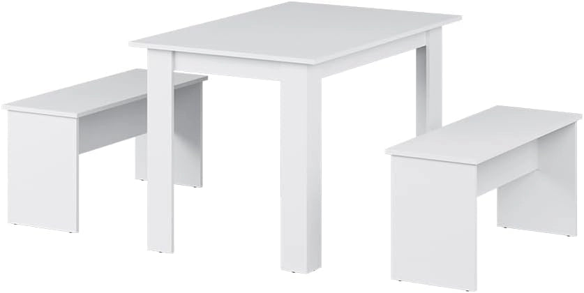 Set di tavoli da pranzo Sentio, Bianco, 112 x 73.6 cm con 2 panche, adatto come set da pranzo per piccoli spazi e cucine