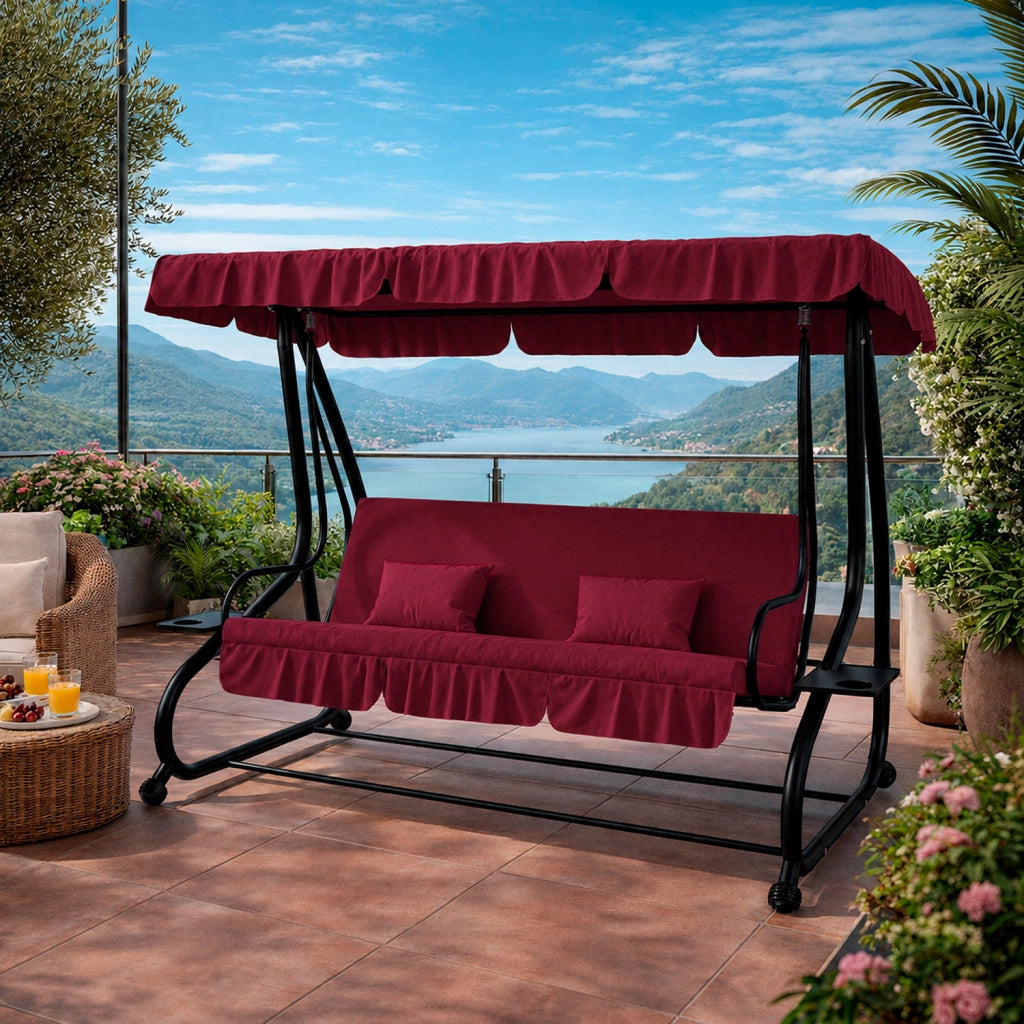 Dondolo Da Giardino 3 Posti Schienale Regolabile Tetto Ombreggiante Cuscinatura Comfort Imbottita Convertibile In Letto Per Esterno Balcone Patio 200 x 120 x 160 Cm Bordeaux