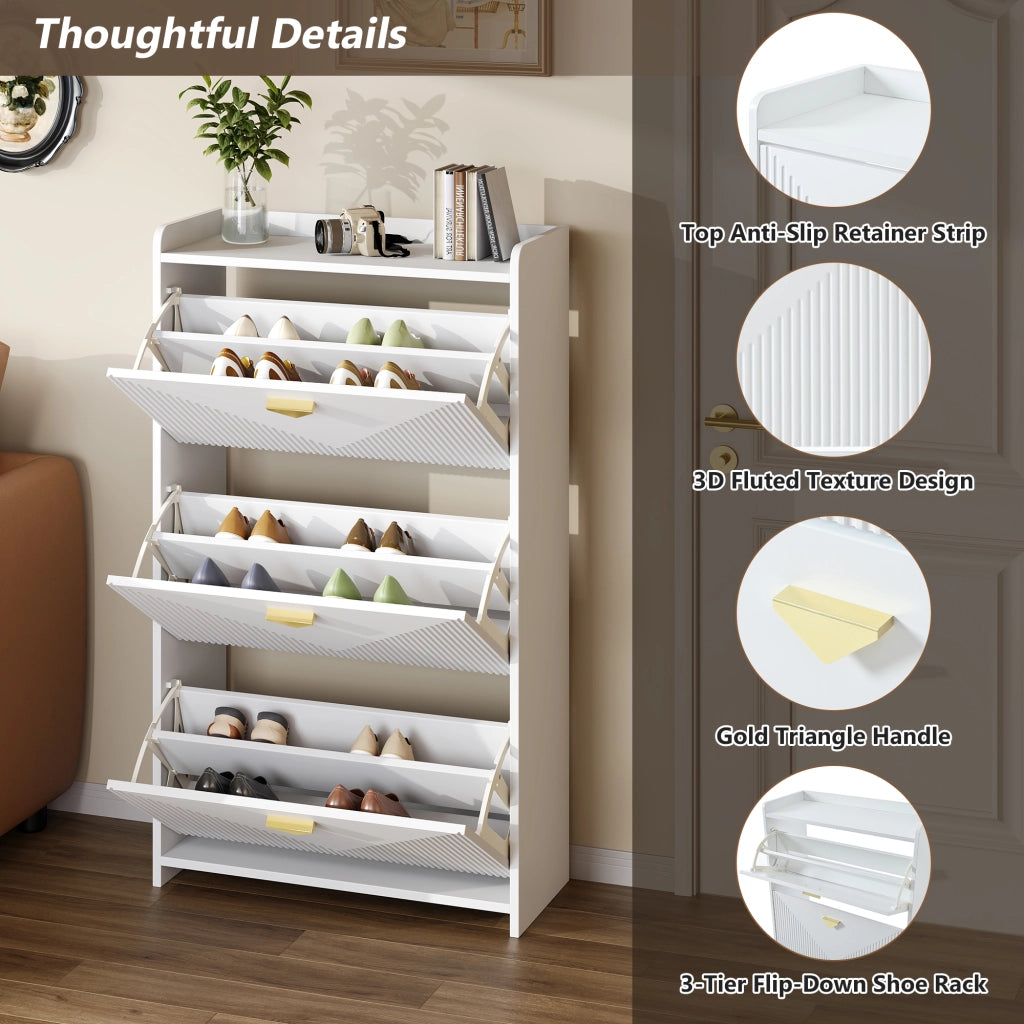 Scarpiera con 3 ante ribaltabili e 6 vani, ripiani regolabili, per ingresso, in MDF, bianco, 70 × 30 × 120 cm