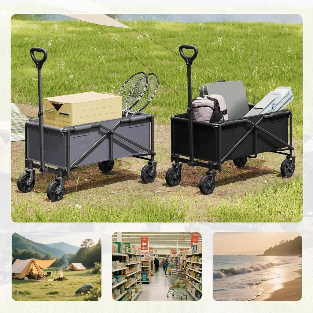 Carrello con Ruote, Carrello da Giardino Pieghevole, Manico Regolabile, 78x43x90cm, Capacità di carico: 80 kg, Ruote per Tutti i Terreni, per Esterni, Giardinaggio, Campeggio, Shopping, Grigio