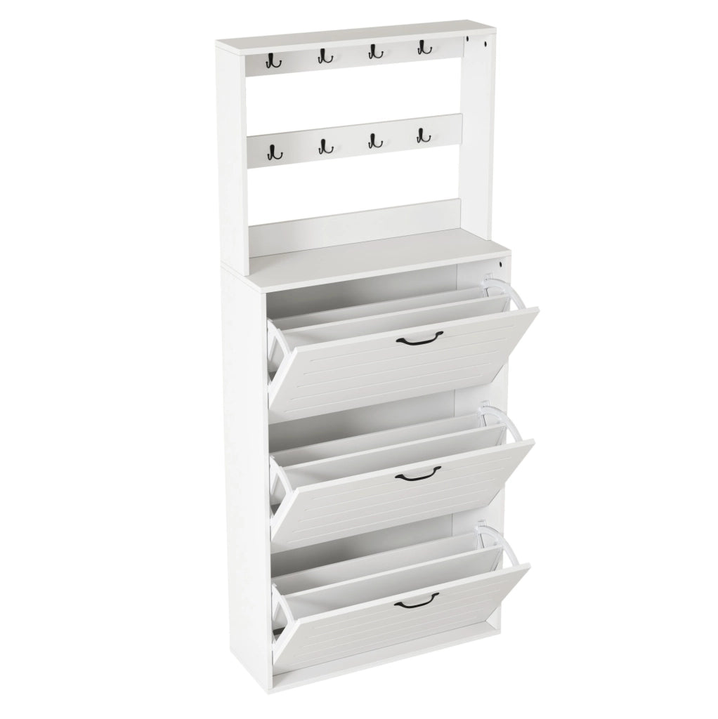 Appendiabiti con scarpiera a 3 ripiani; 8 ganci; 70x25x165 cm; in truciolare bianco