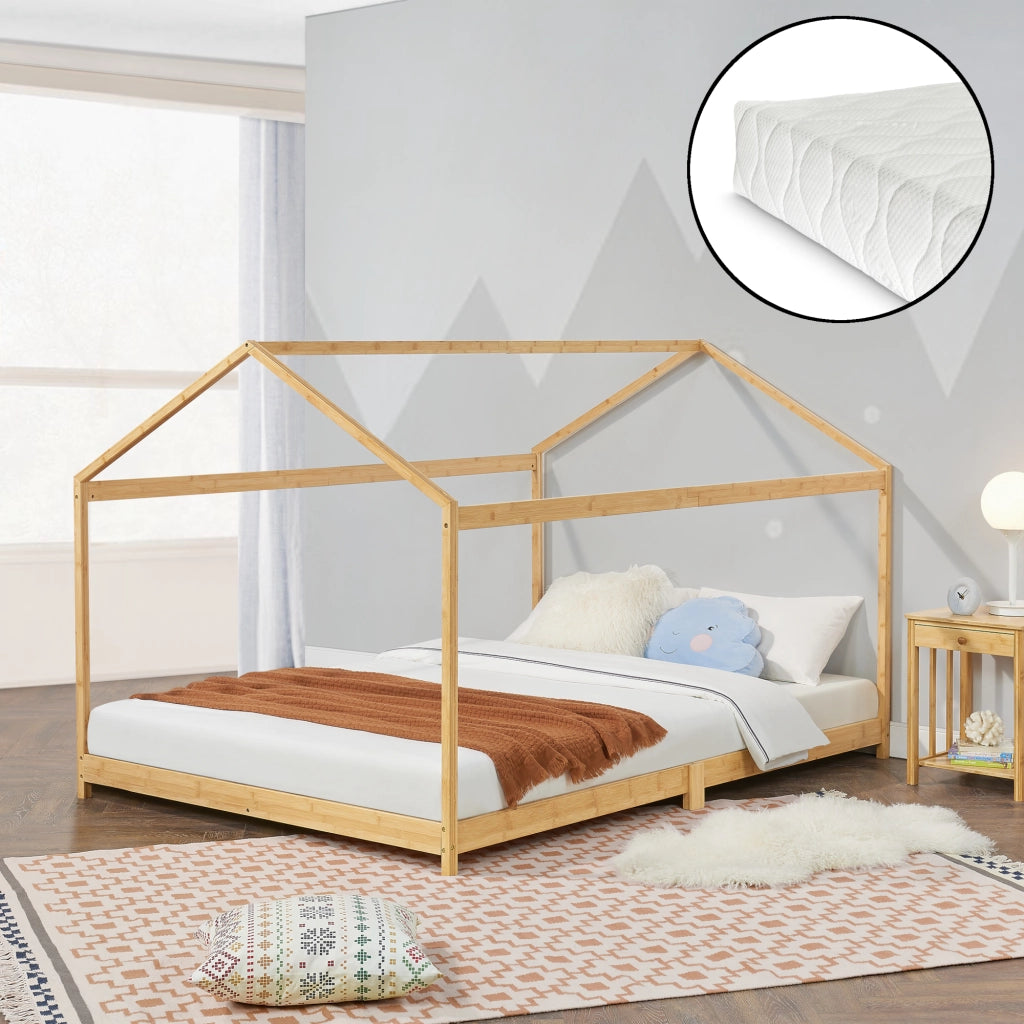 Letto per Cameretta ’Vindafjord’ a Forma di Casetta con Materasso 120x200 cm Bambù Naturale [en.casa]