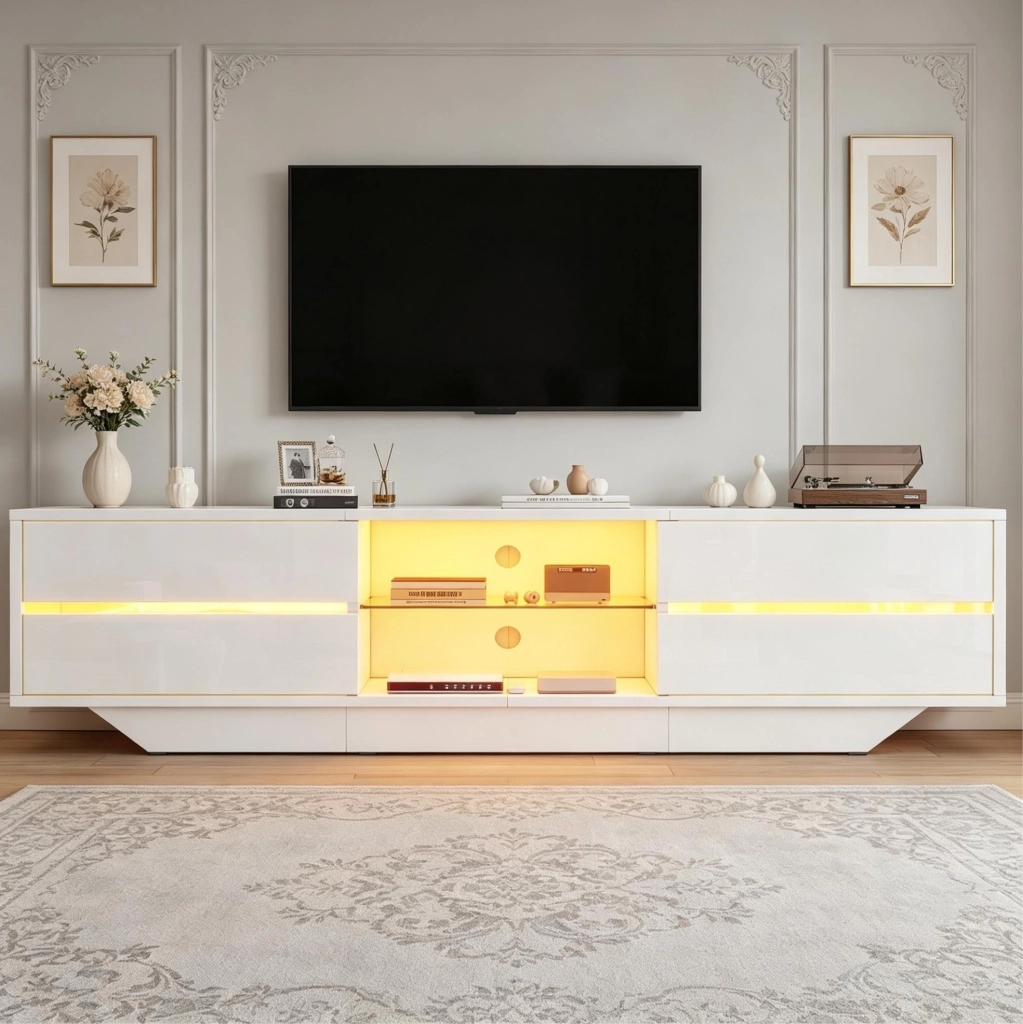 Mobile TV 160x35x44.5 cm con illuminazione RGB; ripiani interni; in truciolare; bianco