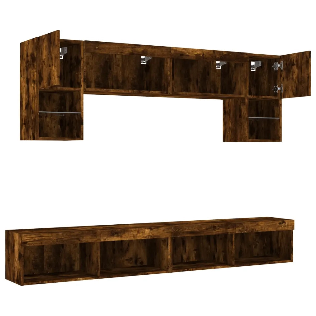 Mobili TV a Muro con LED 6pz Rovere Fumo in Legno Multistrato