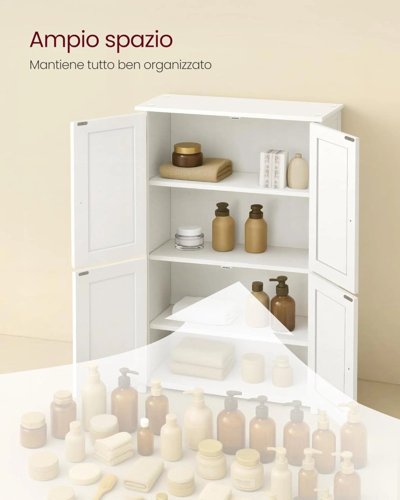 VASAGLE Mobiletto da Bagno, Armadietto con 2 Ripiani Regolabili, Portaoggetti con 4 Ante, Unità Alta Autoportante, per Cucina, Bianco Nuvola BBC553WH01