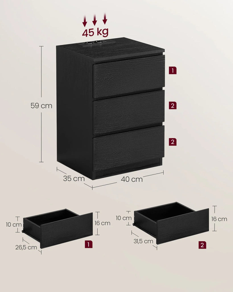 Comodino con multipresa tavolino laterale con 3 cassetti 2 prese CA 2 porte USB frontali dei cassetti smussati per soggiorno camera da letto ufficio moderno nero 12_0007609