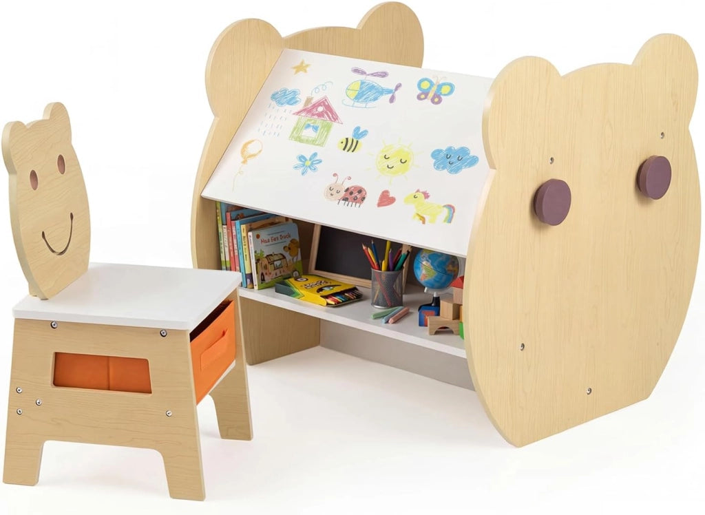 Set Tavolo e Sedia per Bambini 3+ Anni, Tavolo Multifunzionale con Lavagna Bifacciale, Ripiano e 4 Ganci Laterali, Sedia Comoda con Cassetto Rimovibile per Cameretta e Asilo (Naturale)