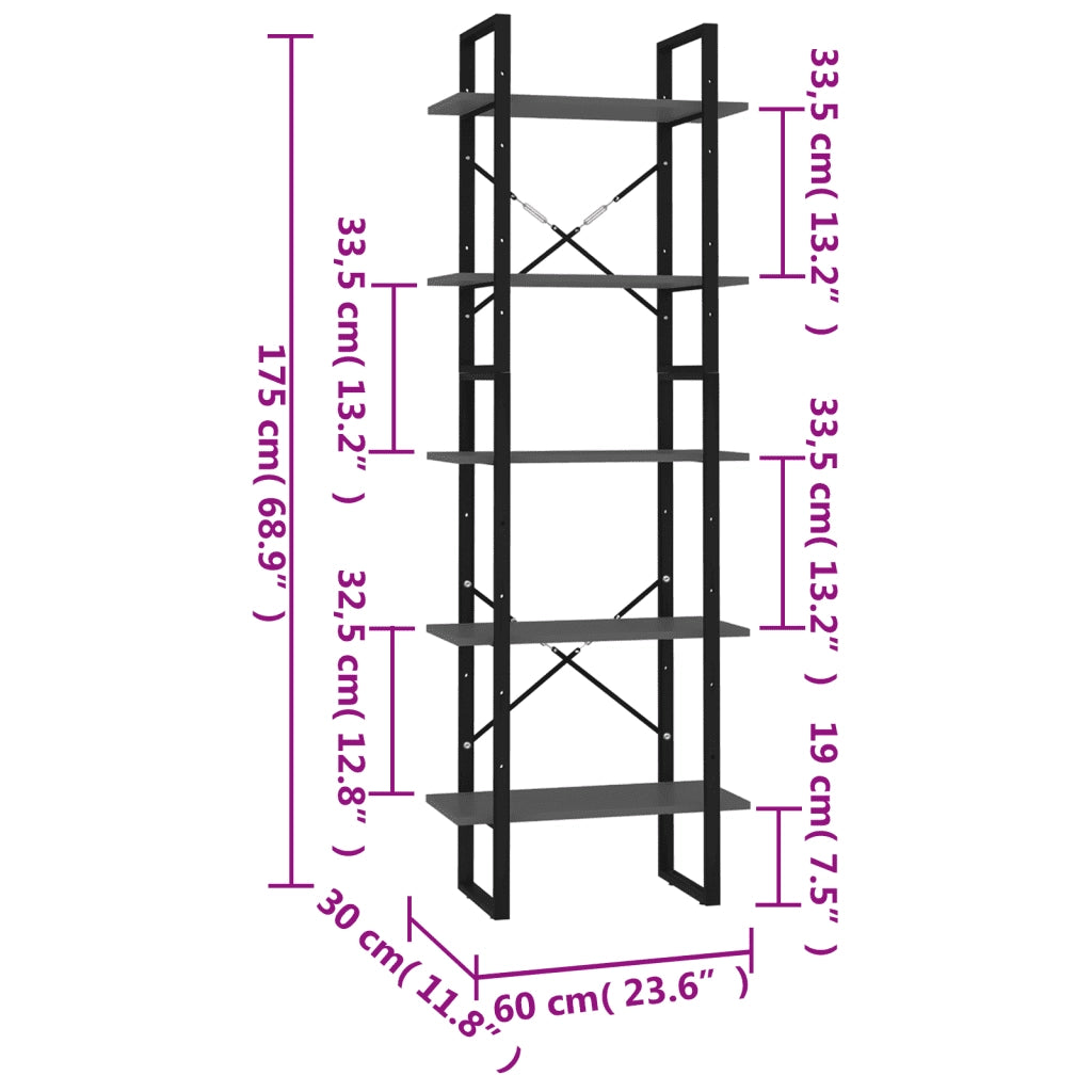 Libreria a 5 Ripiani-Scaffale per Libri-Mobile di Stoccaggio Grigia 60x30x175 cm in Legno Multistrato