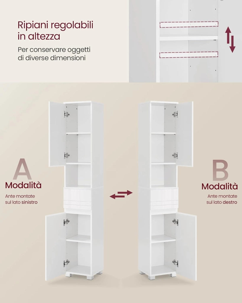 Mobile da Bagno, Mobiletto Portaoggetti, Alto, con Cassetto, Ripiani Regolabili, Scomparti, 30 x 30 x 170 cm, Bianco Nuvola BBC560P31