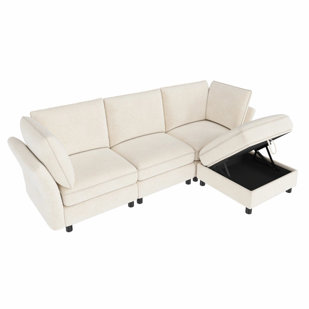 Divano modulare a L con pouf contenitore, 4-5 posti, tessuto chenille, beige