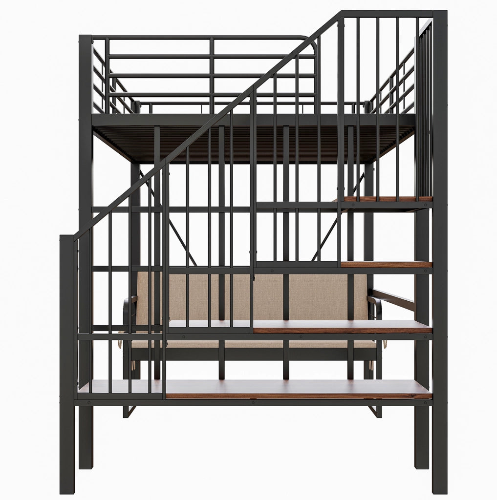 Letto a castello 140x200 cm in metallo e MDF con divano imbottito rimovibile; scala contenitore; nero