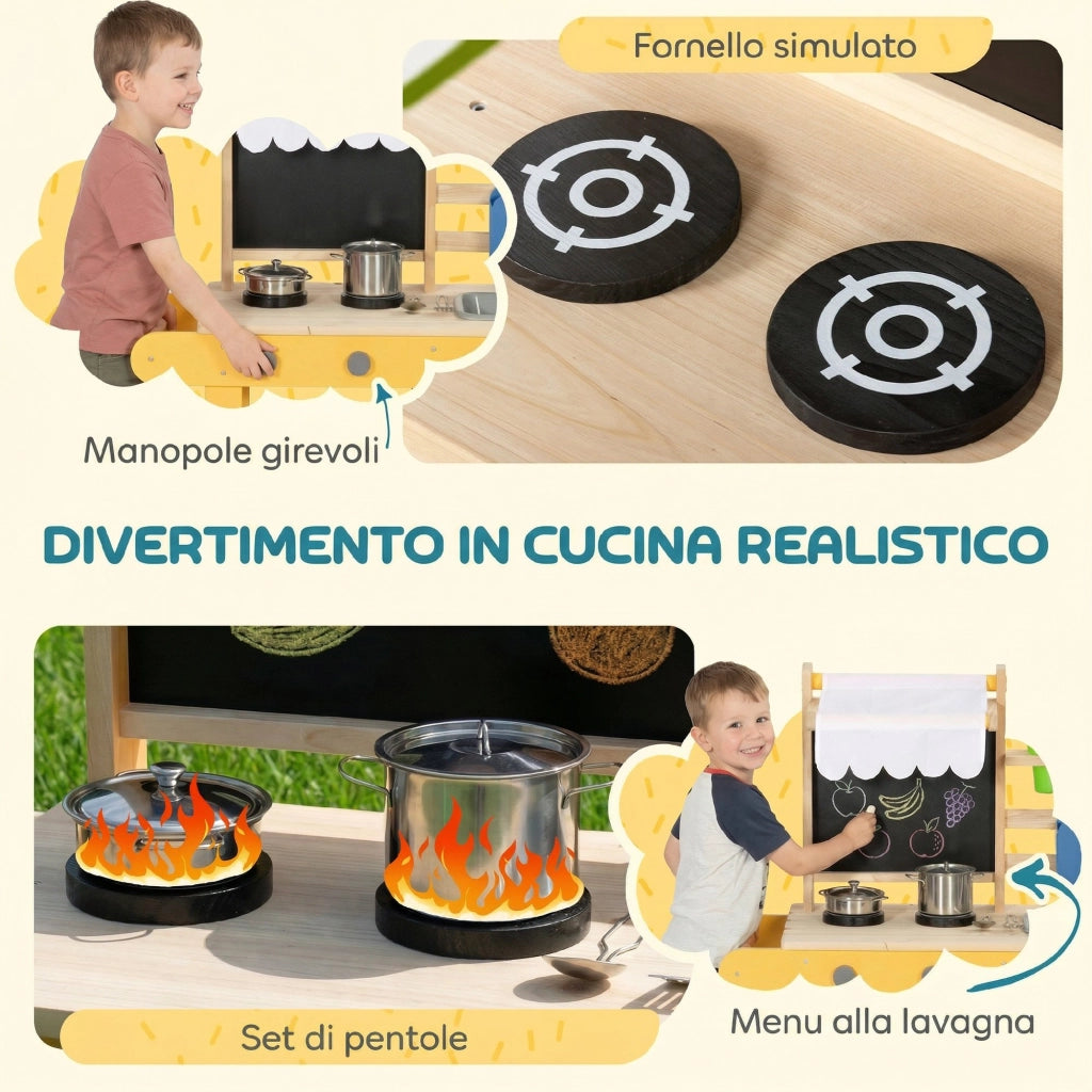 Cucina in Legno per Bambini con 15 Accessori. Cucina Giocattolo per Bambini. Gialla