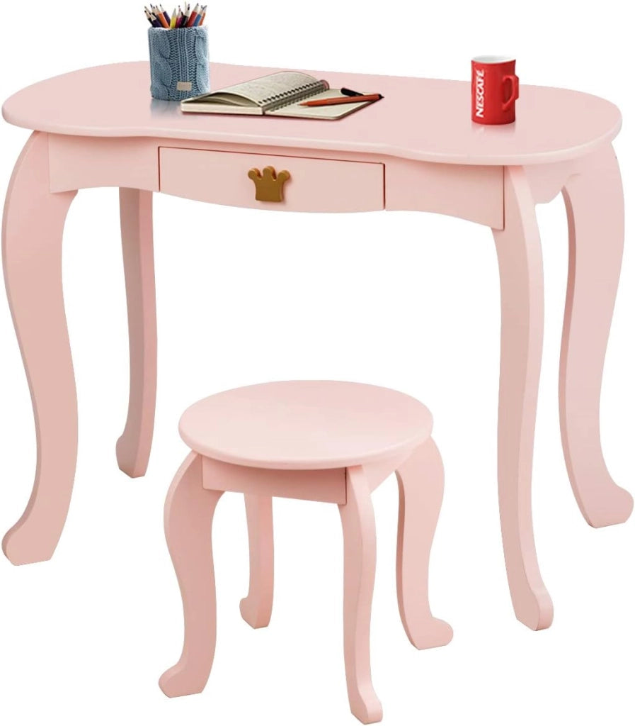 Toeletta da Trucco per Bambini, 2 in 1 Giocattolo da Trucco, Tavolo e Sgabello, con Cassetto, Specchio Rimovibile, Design Principessa, Consigliata per Ragazze 3-7 Anni, Rosa/Bianco