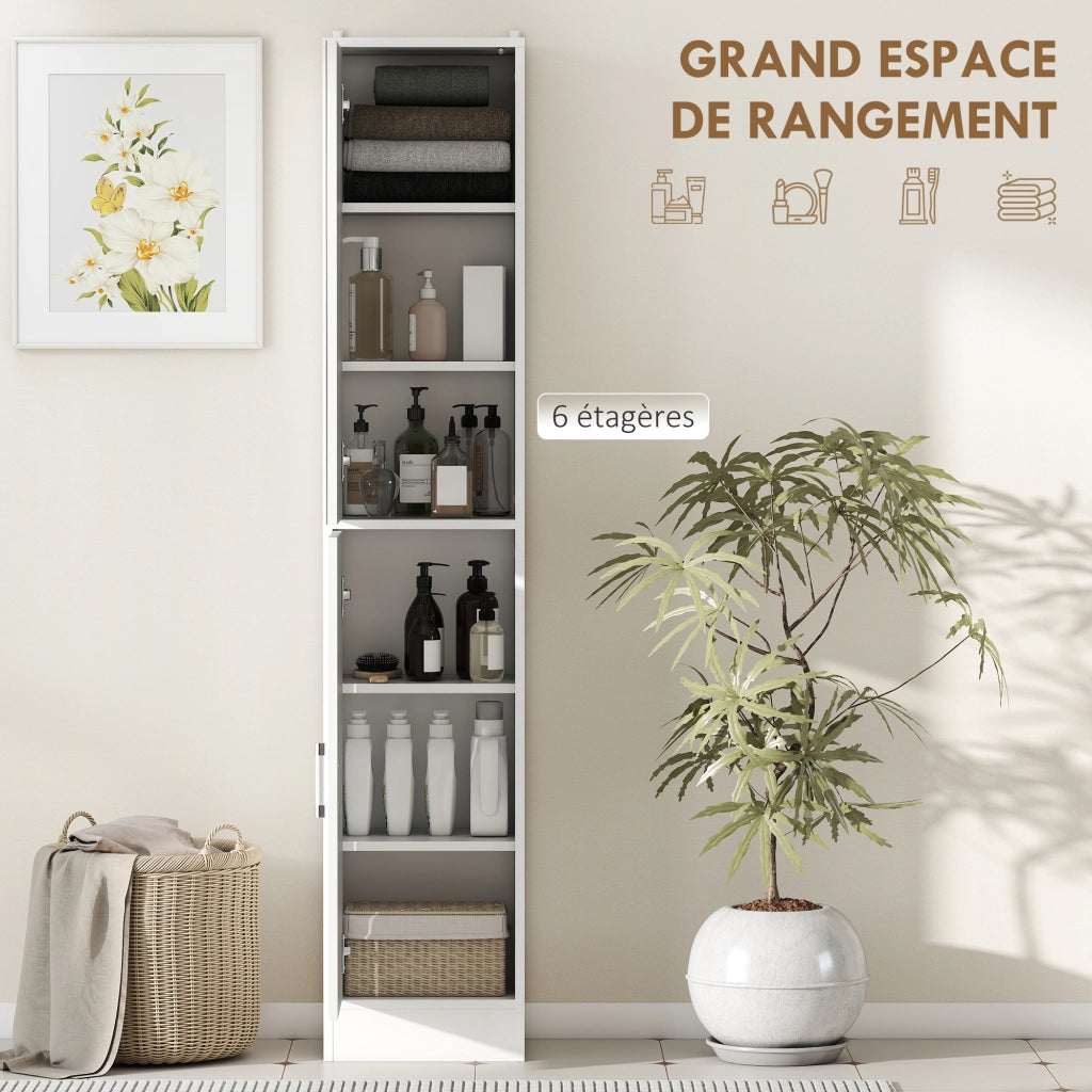 Mobile colonna bagno con specchio 6 livelli 2 ante ripiani regolabili ¨C zephmum ¨C 32x28x162cm bianco