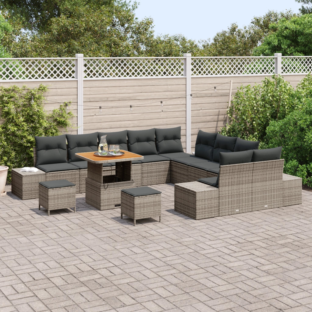 Set Divano da Giardino  da 13 Pezzi con Cuscini Grigio Polyrattan Acacia