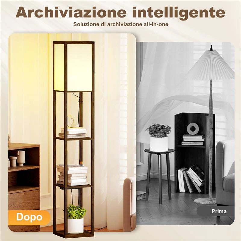LAMPADA DA TERRA CON RIPIANI, LUCE REGOLABILE, INTERRUTTORE A PEDALE E PORTE USB, MARRONE