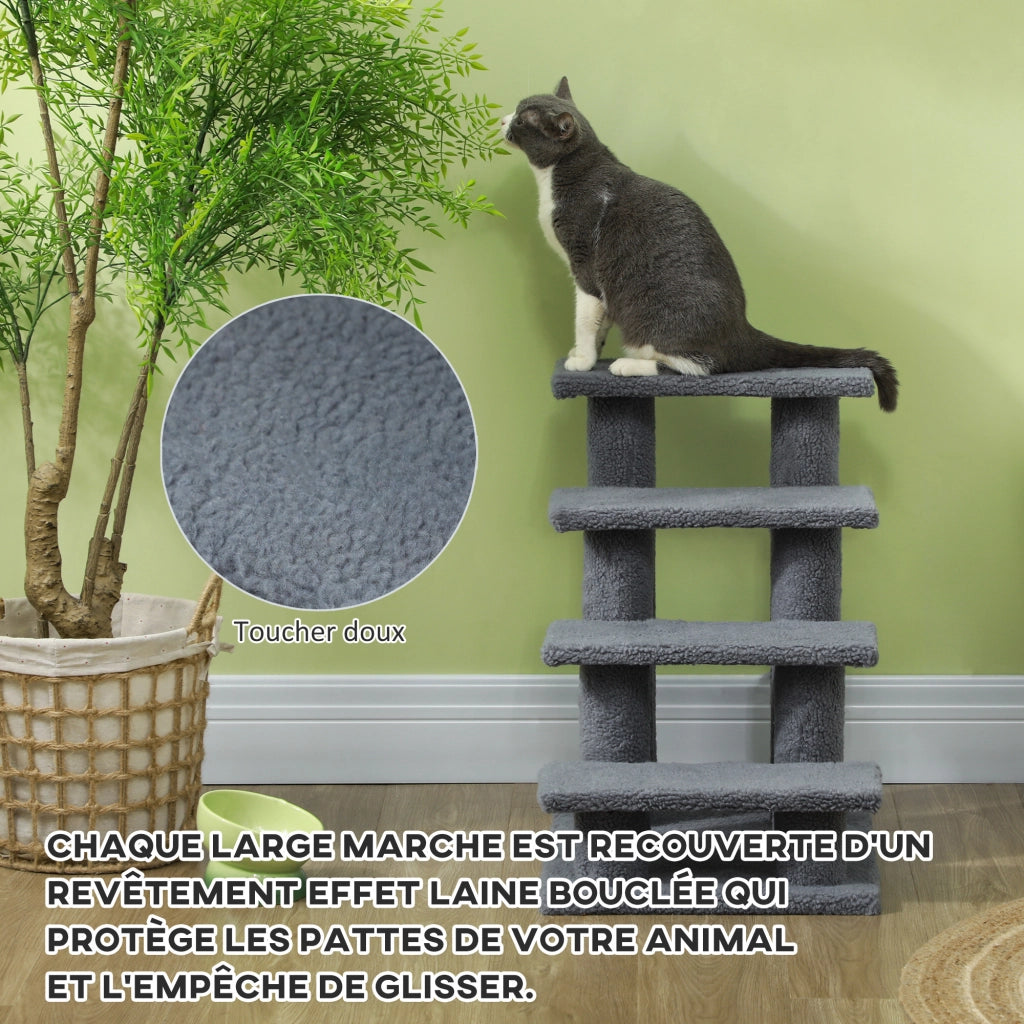 Scala per animali domestici 4 gradini ¨C Xylo ¨C rivestimento effetto lana boucl¨¦ grigio 61x41x60cm