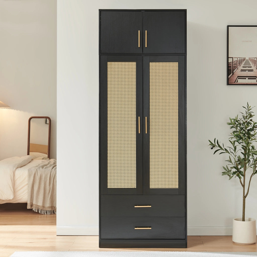 Armadio da Guardaroba Larundi con 4 Ante e 2 Cassetti 216 x 80 x 52 cm - Nero/Effetto Rattan [en.casa]