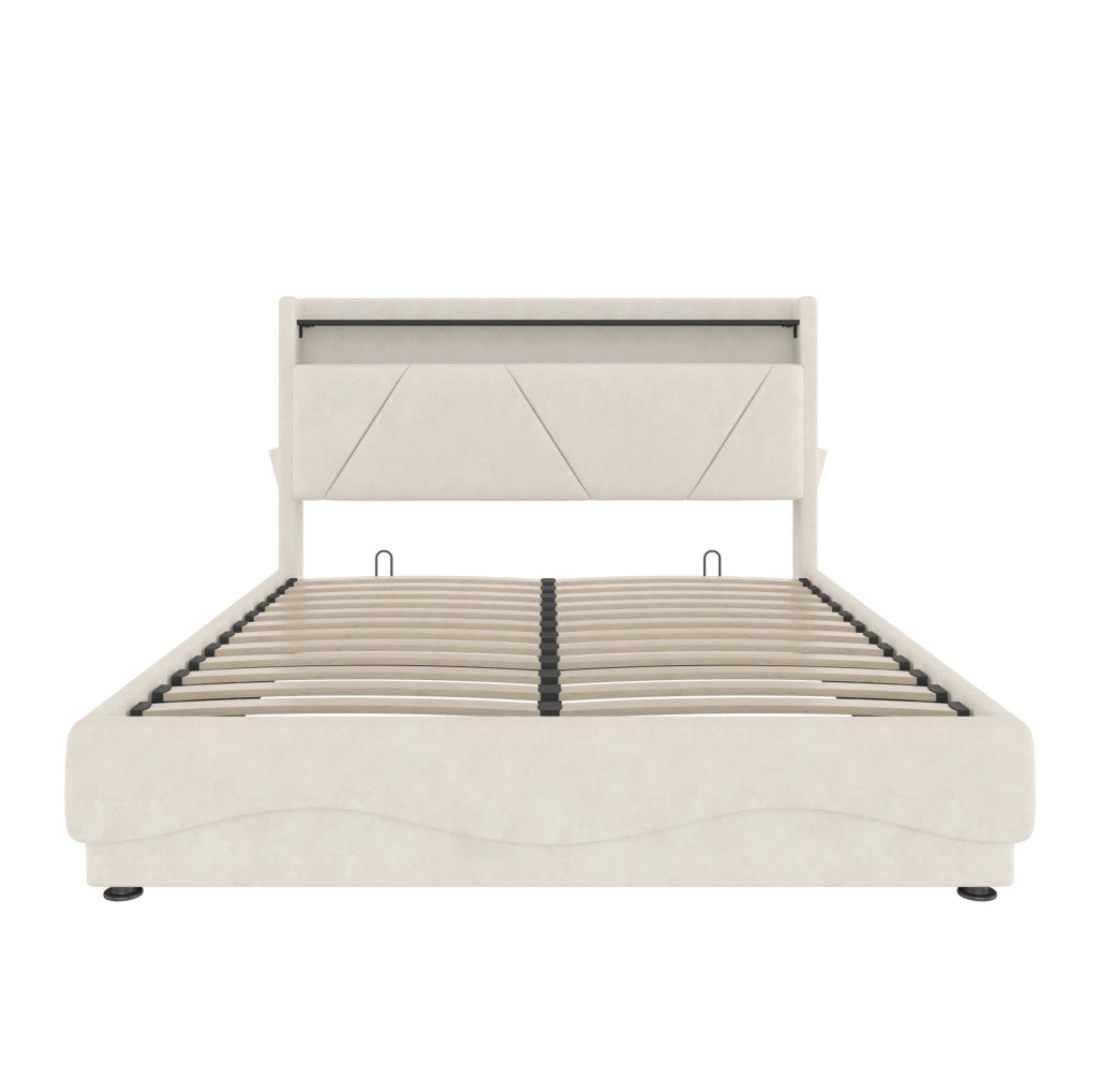 Letto matrimoniale 160x200 cm in velluto beige con LED e USB