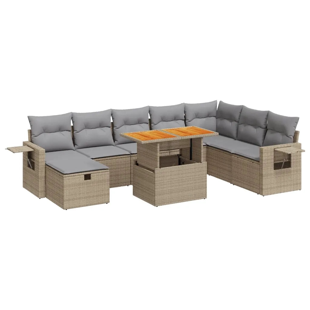 Set Divano da Giardino 9 pz con Cuscini Beige Polyrattan Acacia 3328046