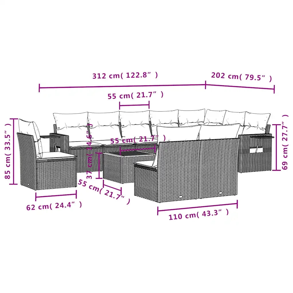 Set Divani da Giardino 11 pz con Cuscini Nero in Polyrattan 3224615