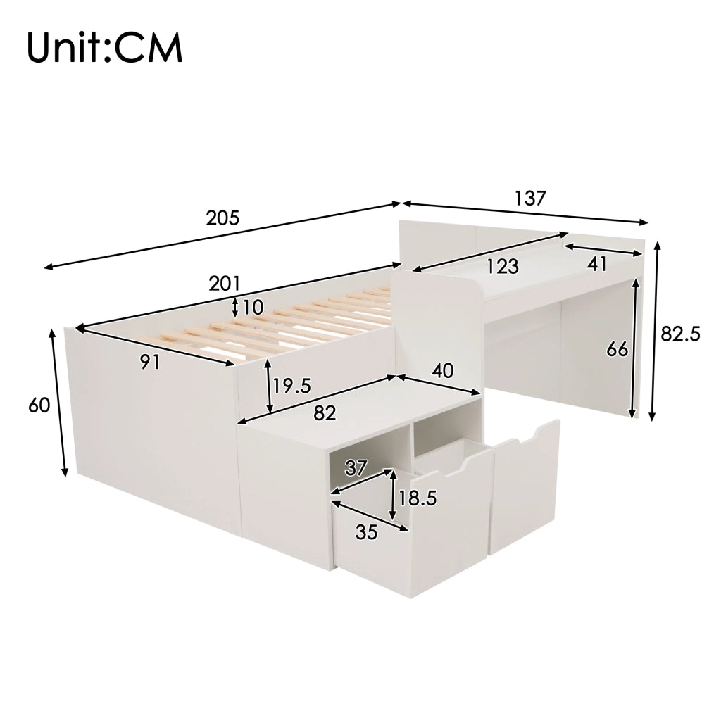Letto singolo per bambini 90x200 cm con scrivania e cassetti