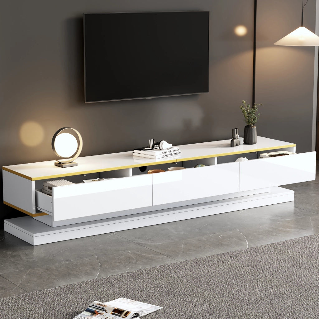 Mobile porta tv 200 cm bianco lucido con 3 cassetti e bordo dorato